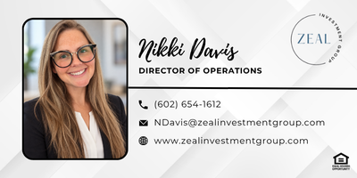 Nikki Davis business card with portrait and Zeal Investment Group logo